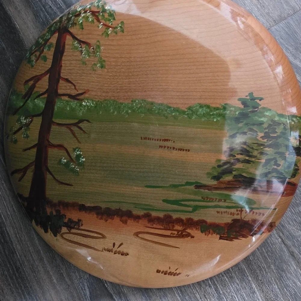 Oregon Myrtlewood Hand Painted Landscape Wall Plaque Anita Signed 12 Inch Round‎